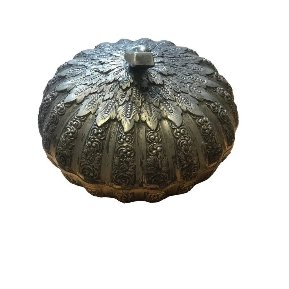 VTG Ornate Silver Metal Pumpkin Candy Dish Trinket Box With Lid Heavy